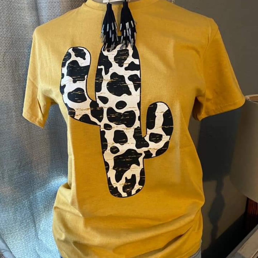 Cow Print Catus Distressed Tee